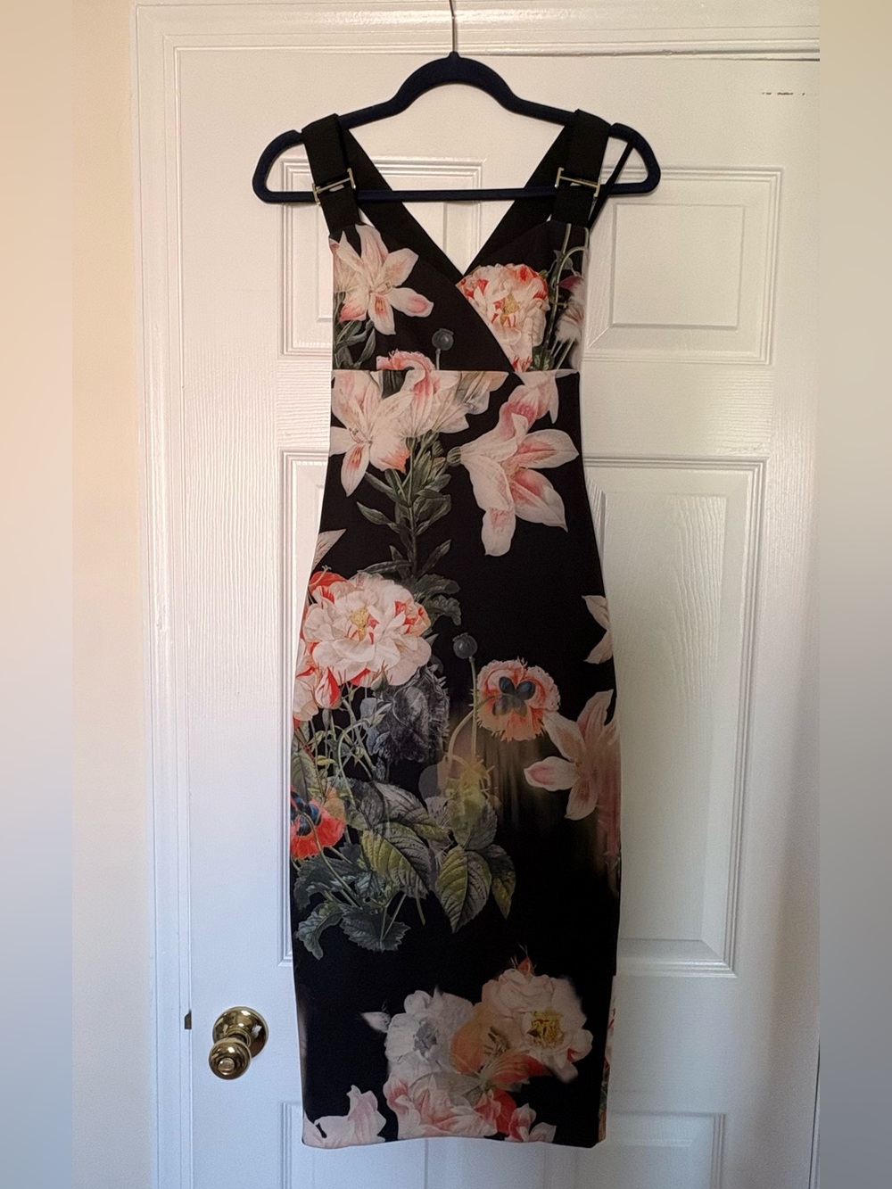 Ted Baker Black Floral Midi Dress with Pink and Cream Blooms